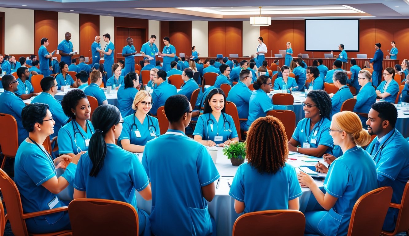A group of healthcare professionals gather in a conference hall, engaging in discussions and networking at a nursing conference