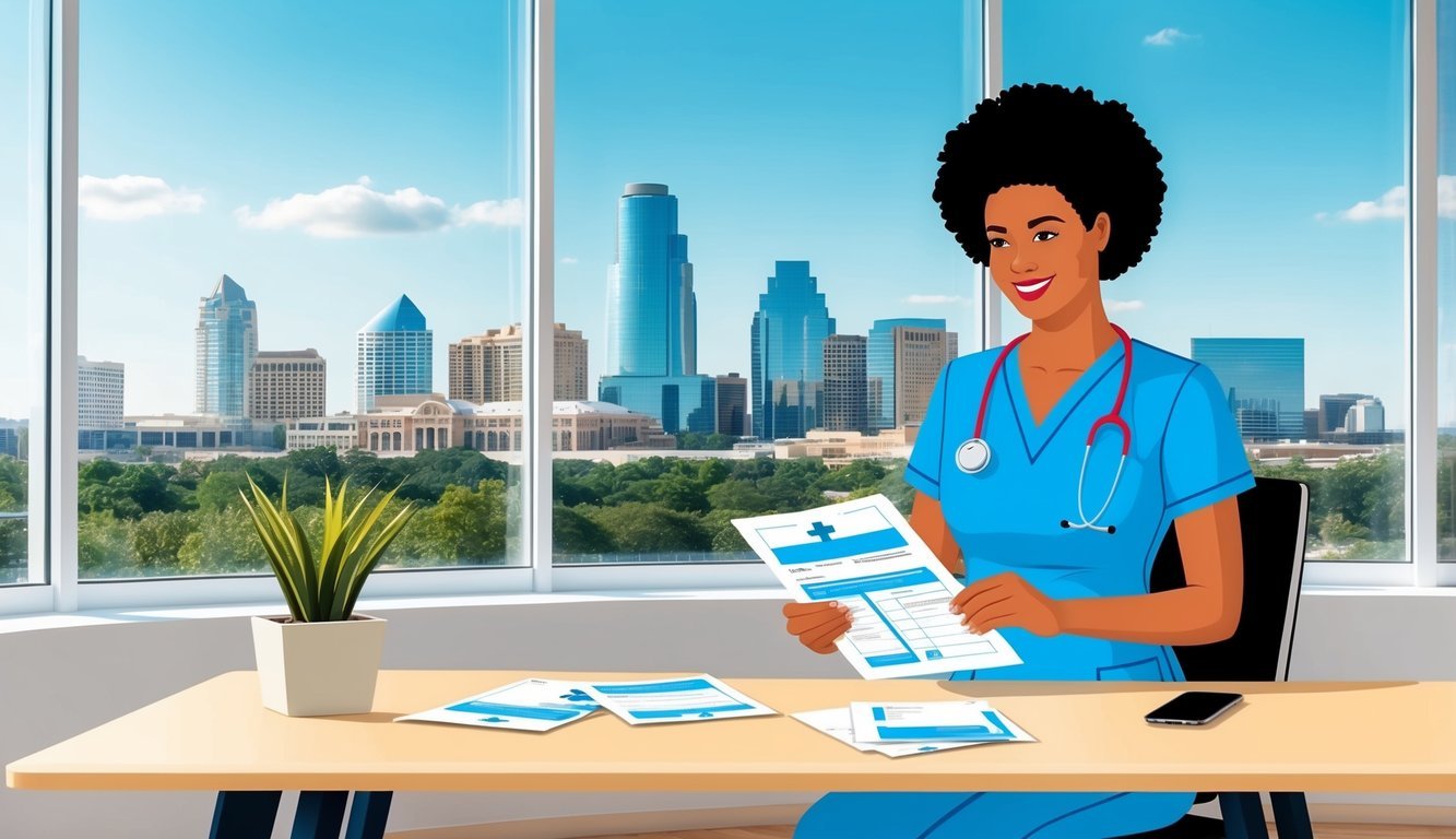 A nurse in scrubs reviewing application materials at a desk in a bright, modern office with a view of the Austin skyline