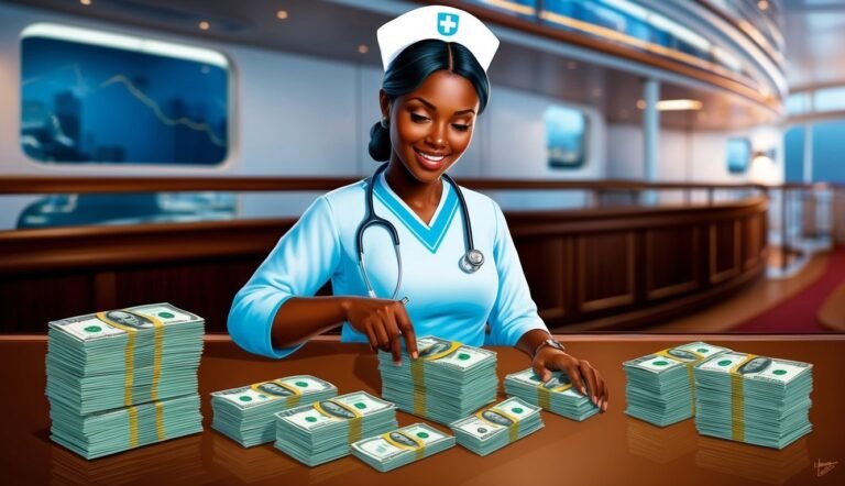 Nurse counting stacks of money on a table in a luxurious setting