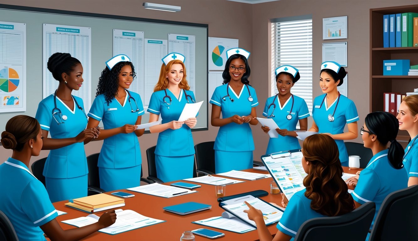 A group of nurses discussing and exchanging knowledge in a conference room filled with medical charts and equipment
