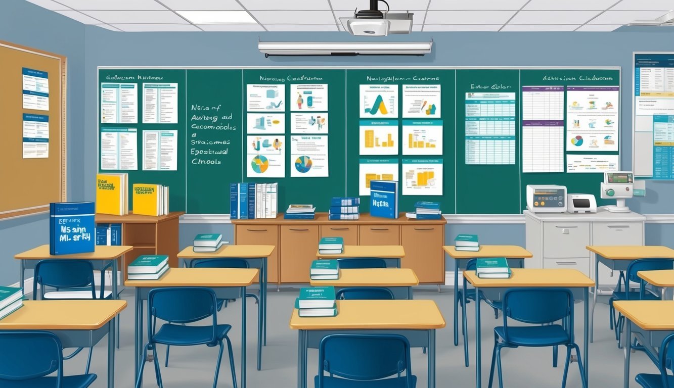 A classroom setting with nursing textbooks, medical equipment, and educational charts, representing various nursing curriculums and specializations at schools in Austin, Texas