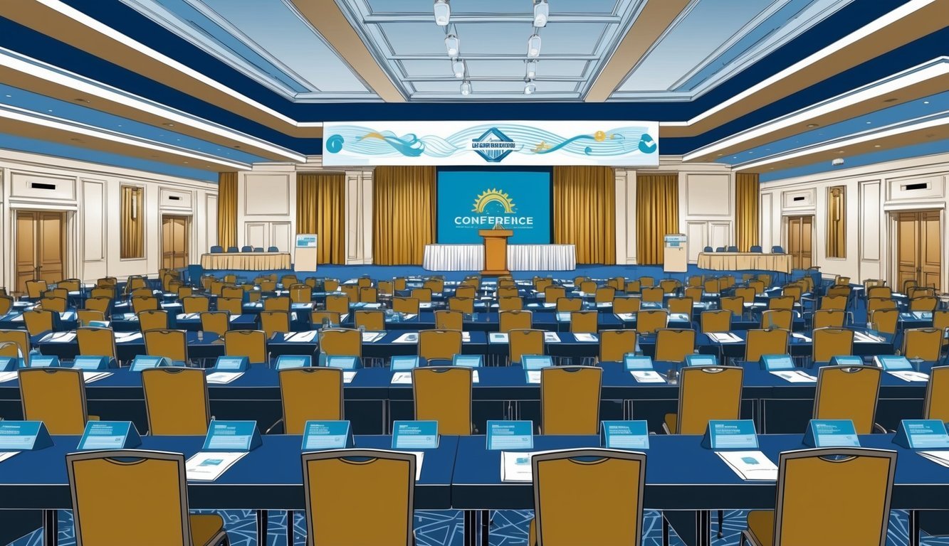 A bustling conference hall with rows of chairs, a stage, and a podium.</p><p>A banner with the event's logo hangs behind the speakers.</p><p>Tables with informational materials line the walls