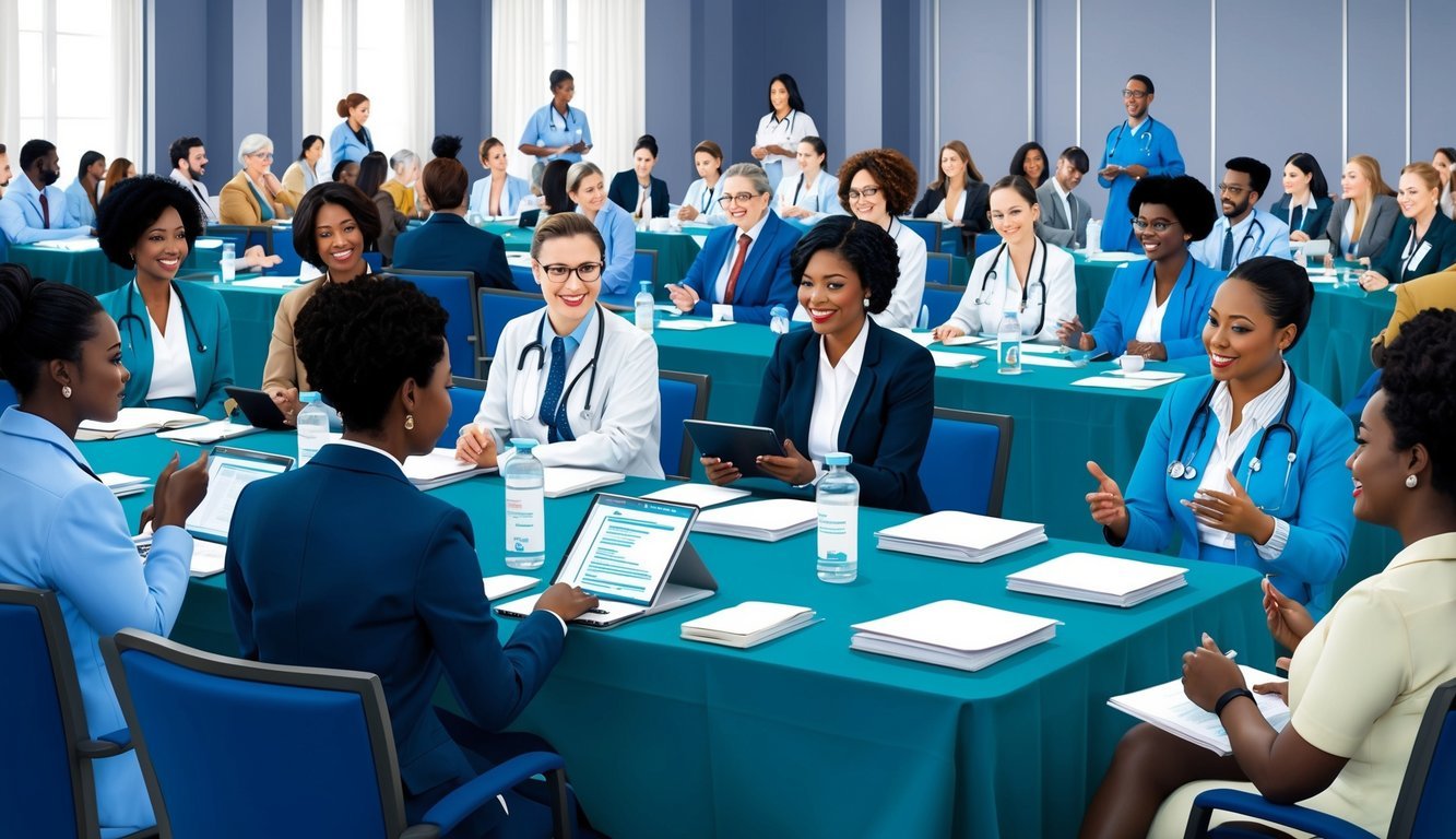 A group of diverse professionals gather at a conference, engaging in discussions and presentations about nursing FAQs.</p><p>Tables are adorned with informational materials and attendees are actively participating