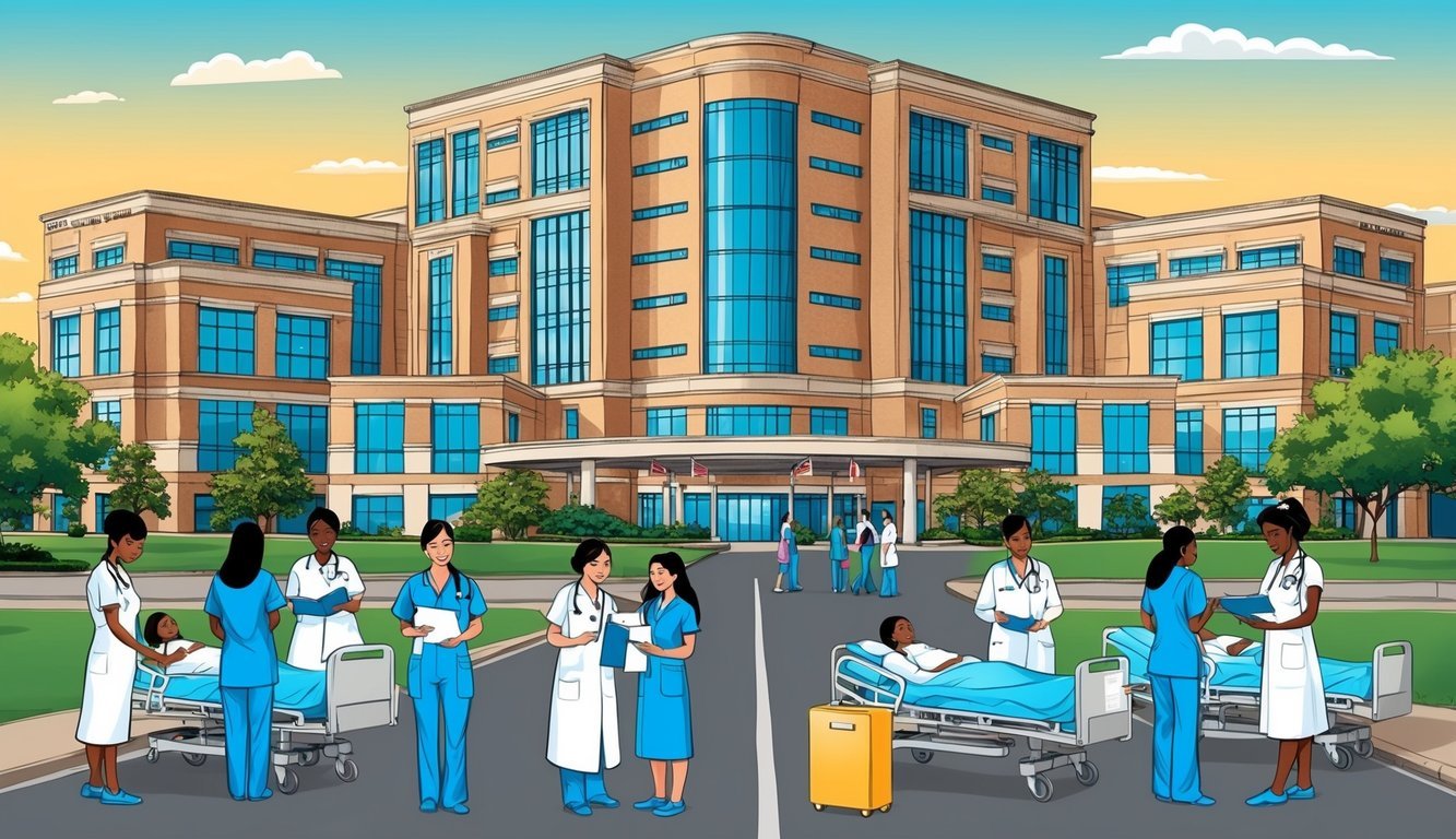 A bustling hospital with nurses tending to patients, while nursing graduates attend career fairs and job interviews in Austin, Texas