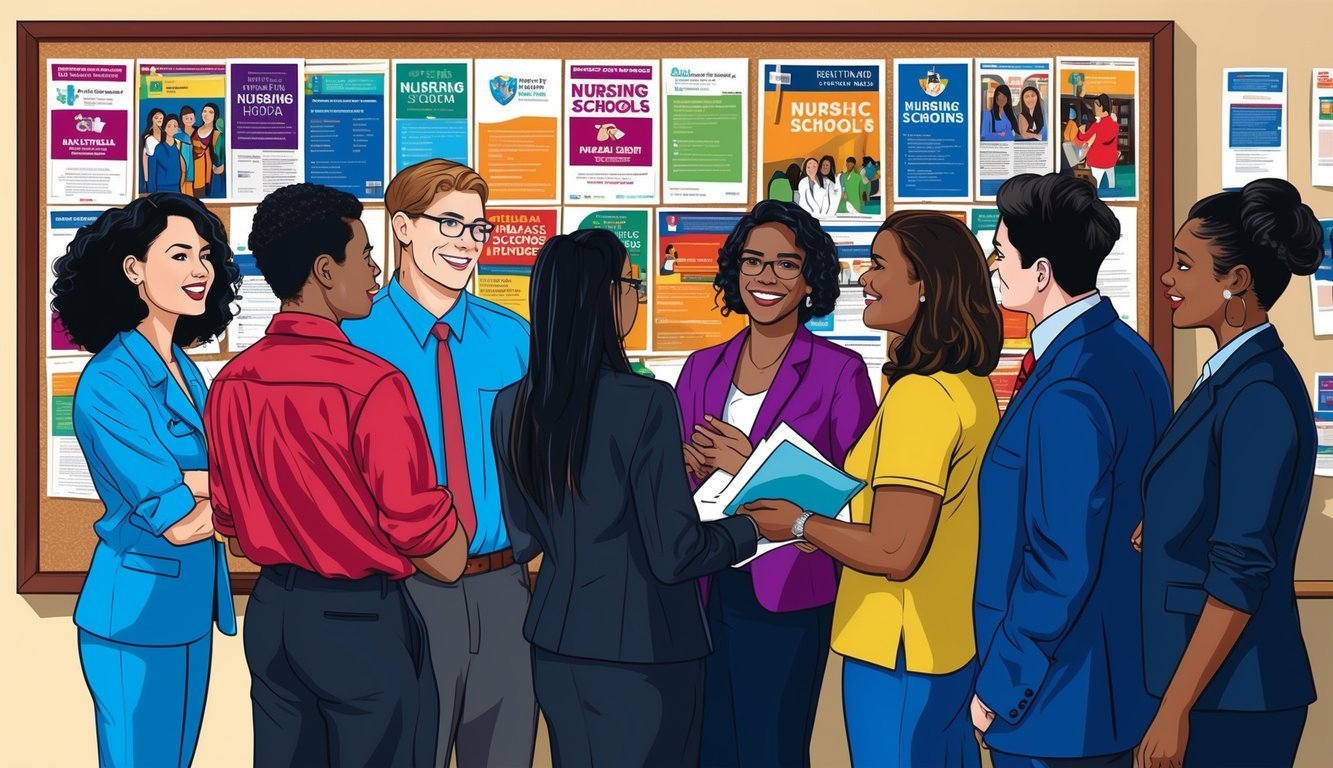 A group of students and faculty gathered around a bulletin board covered in colorful flyers and posters, all related to nursing schools in Austin, Texas