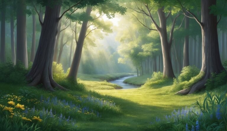 Lush forest scene with a stream, sunlight, and wildflowers in a meadow