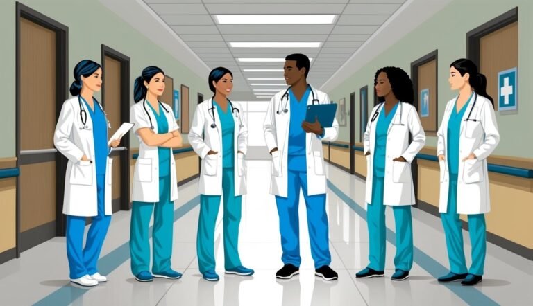 Group of doctors in scrubs and white coats standing in a hallway
