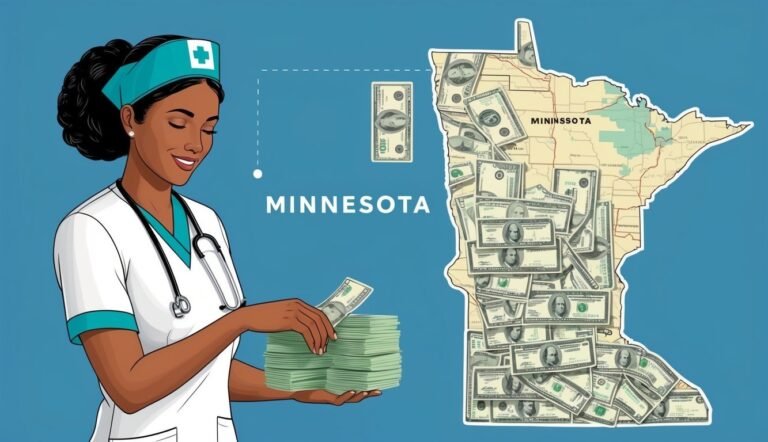 Nurse holding money with Minnesota map covered in cash