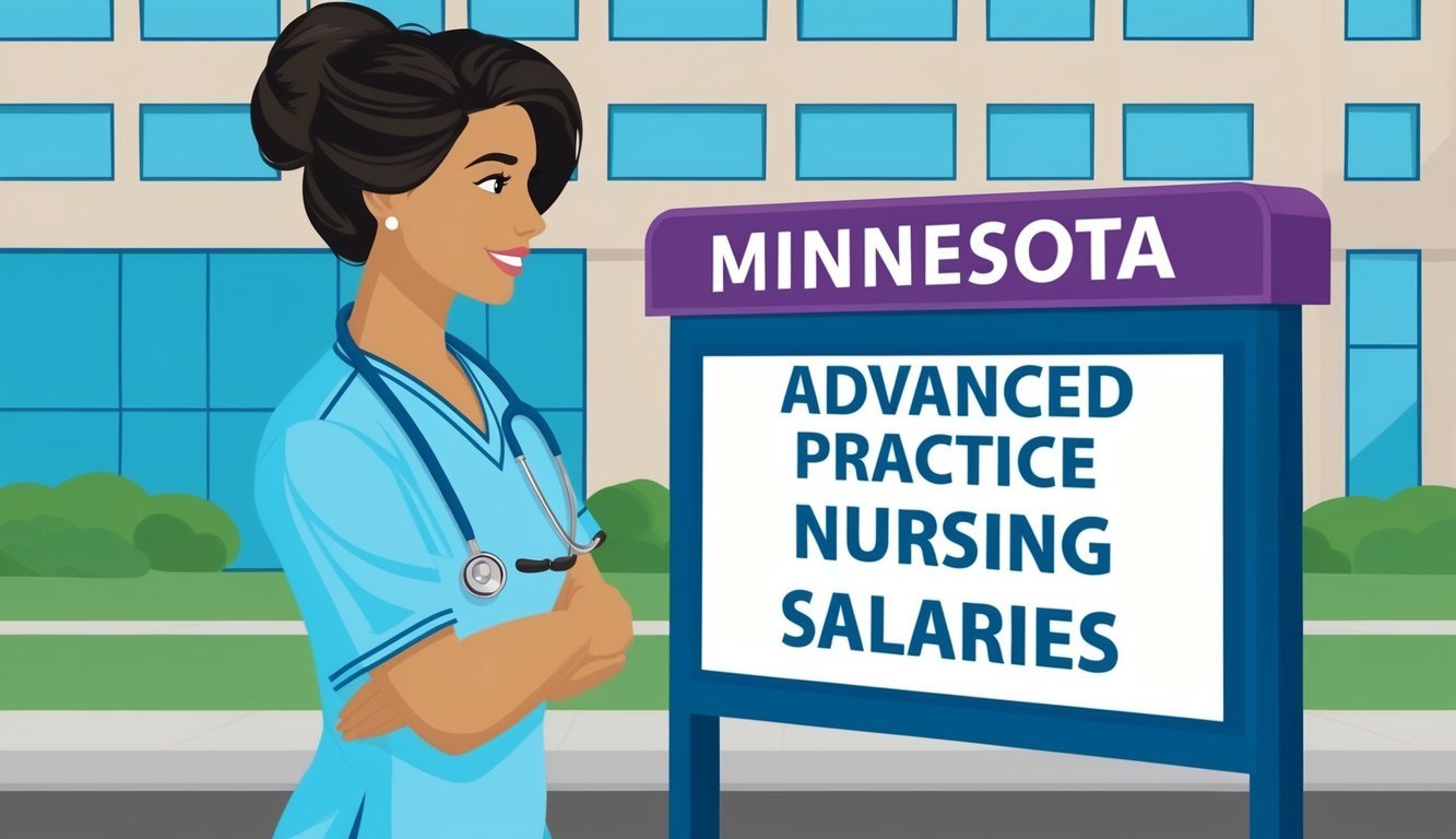 A nurse in scrubs standing in front of a hospital, with a stethoscope around their neck, looking at a sign displaying "Advanced Practice Nursing Salaries" in Minnesota