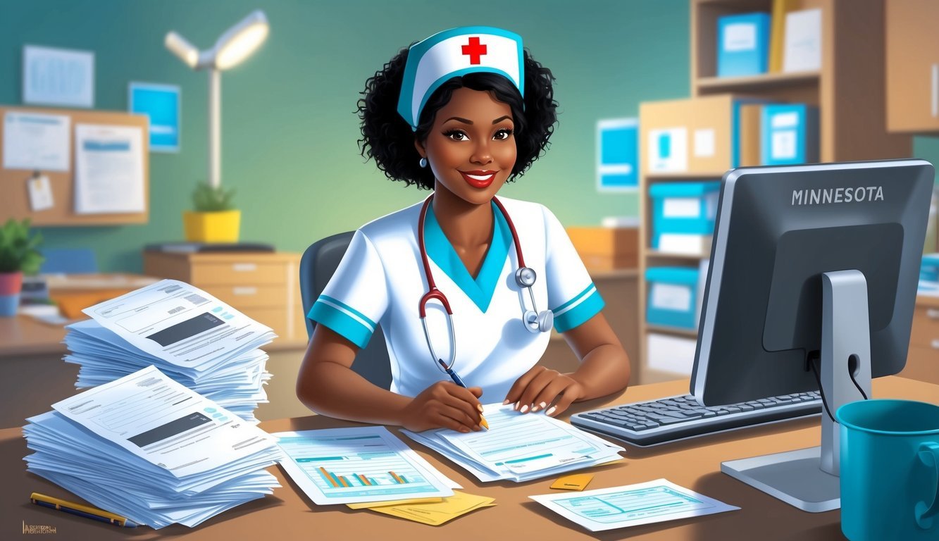 A nurse in a Minnesota hospital, surrounded by paperwork and a computer, answering questions about salary