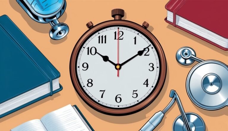 Clock, stethoscope, and books on a table, medical or study theme