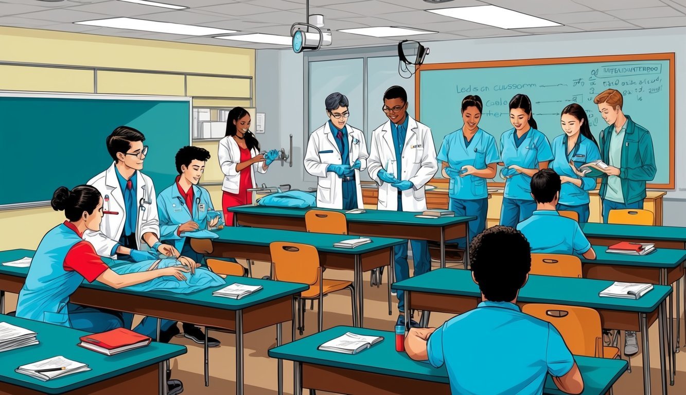 A classroom setting with students and instructors engaged in hands-on medical training and learning