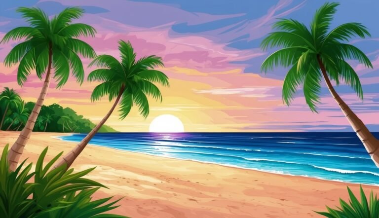 Palm trees on a beach at sunset with colorful sky and ocean