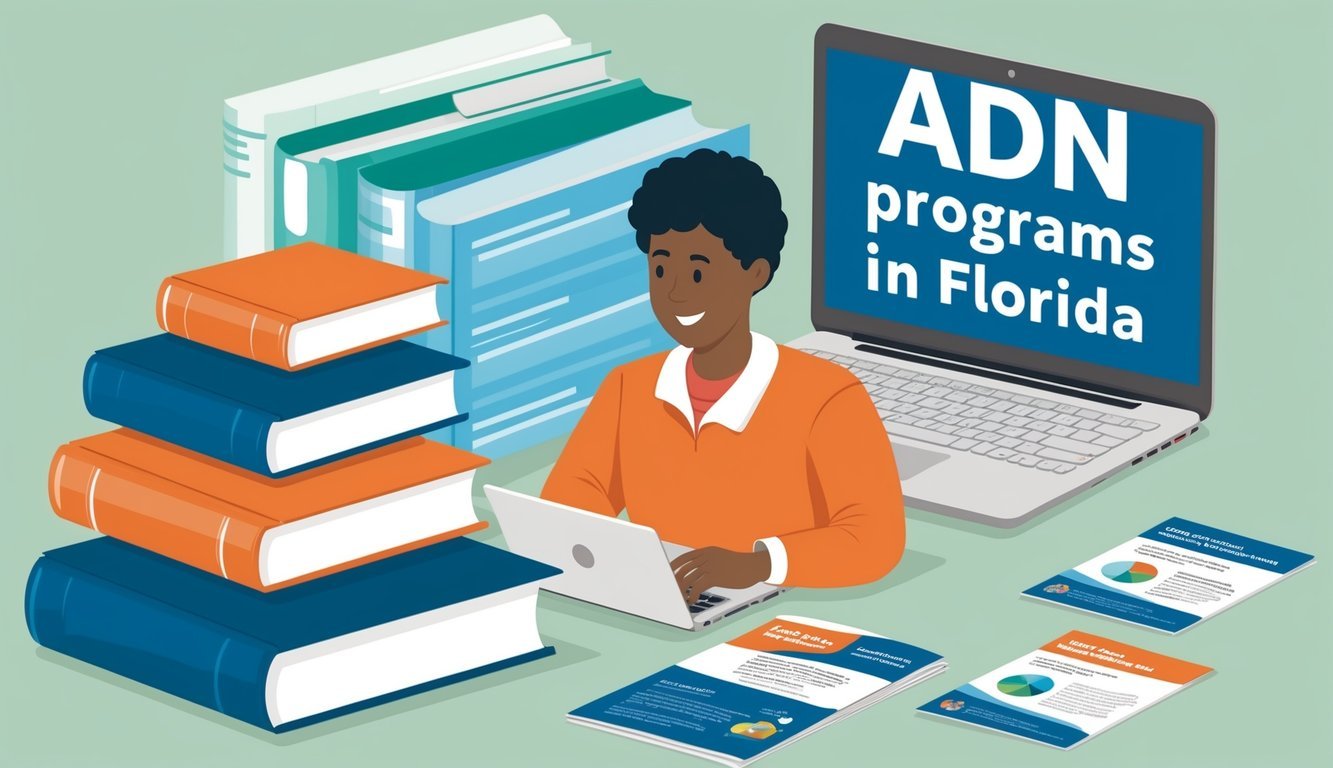 A person researching different ADN programs in Florida, surrounded by books, a laptop, and informational brochures