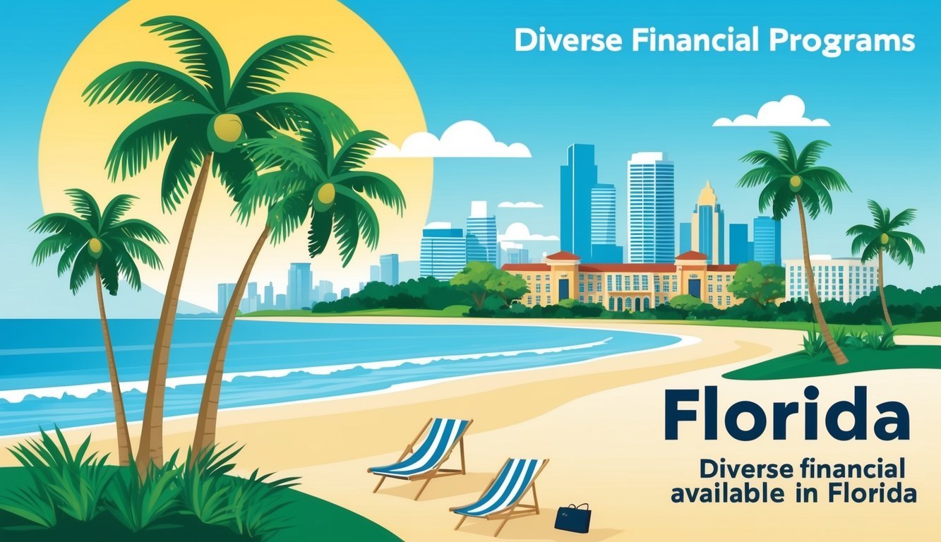 A sunny beach with palm trees, a college campus, and a city skyline in the background, representing the diverse financial programs available in Florida