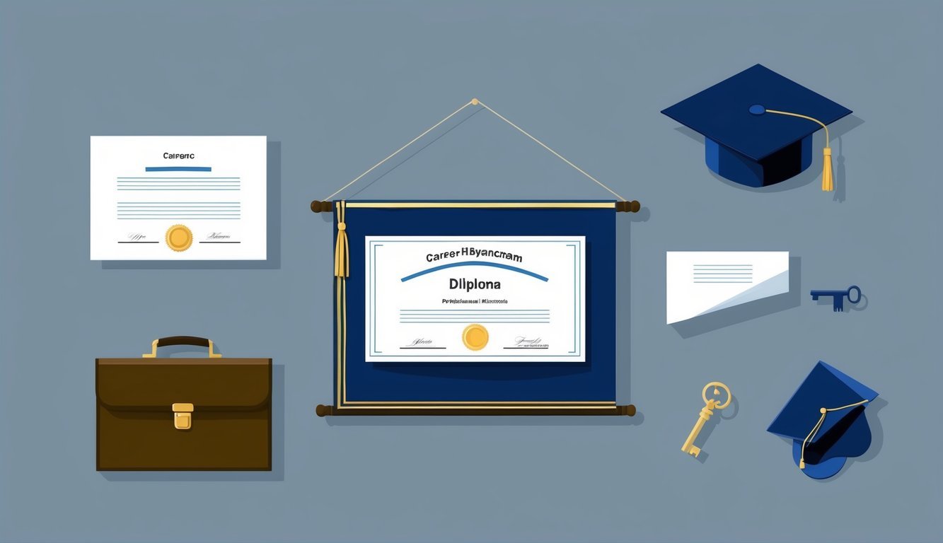 A diploma hanging on a wall, surrounded by symbols of career advancement and licensure, such as a briefcase, a graduation cap, and a key