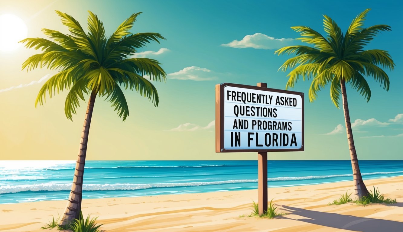 A sunny beach with palm trees and a sign for "Frequently Asked Questions and Programs in Florida" displayed prominently
