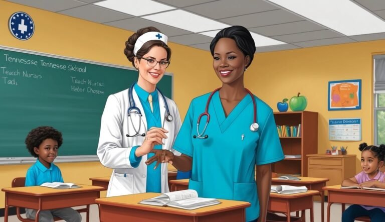 Two nurses teaching children in a classroom, with a chalkboard in the background