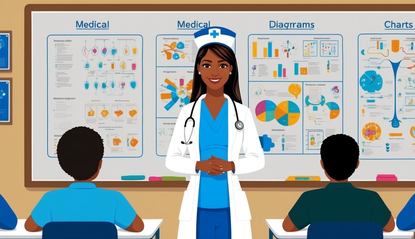 Smiling Black female doctor in front of medical charts, with students in class