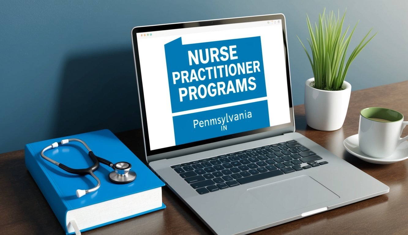 A stethoscope and medical textbook sit on a desk next to a laptop displaying a list of nurse practitioner programs in Pennsylvania