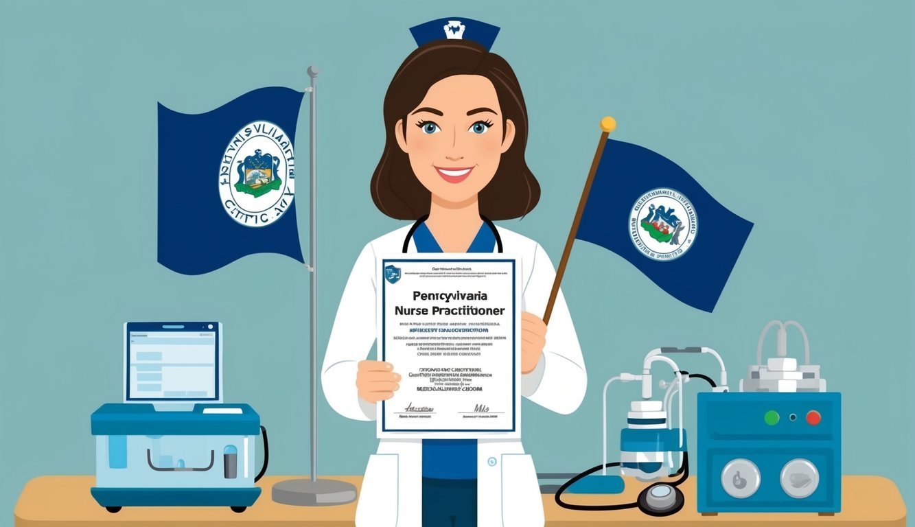A nurse practitioner holding a certification and licensure document, surrounded by medical equipment and a Pennsylvania state flag