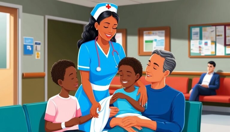 Nurse, father, and two sons in a hospital waiting room, smiling