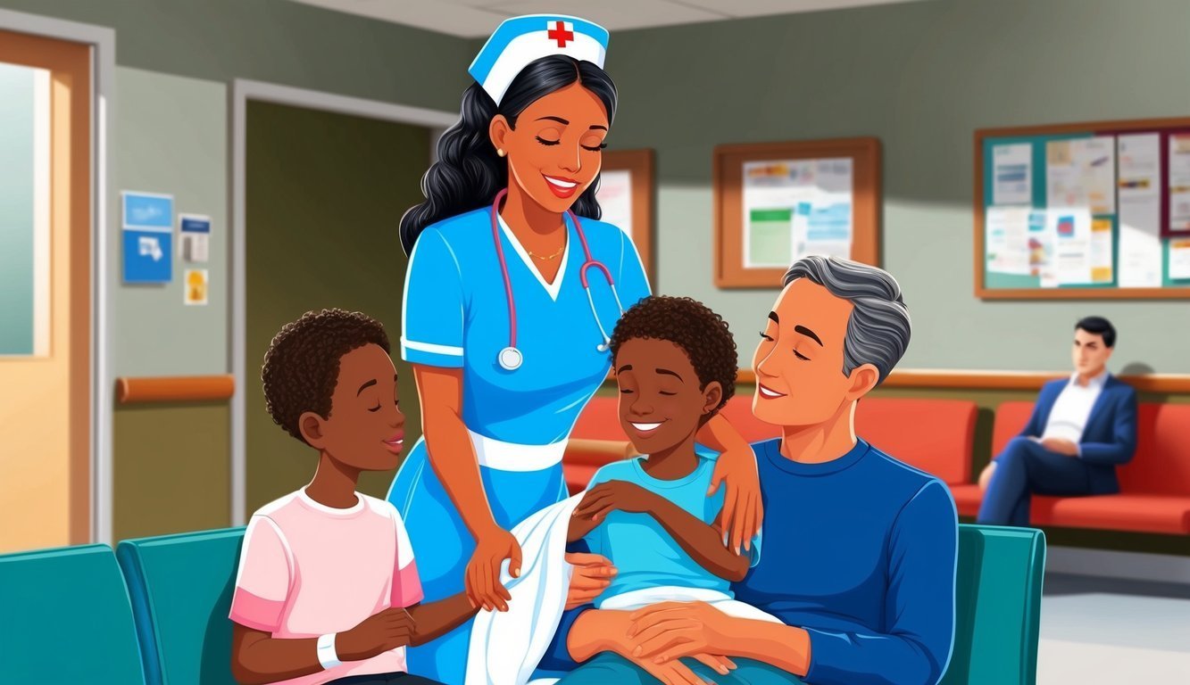 Nurse, father, and two sons in a hospital waiting room, smiling