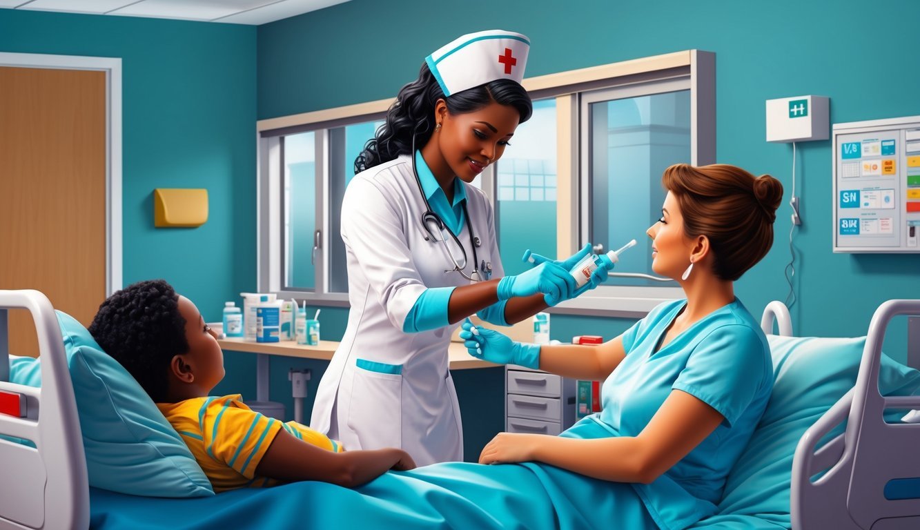 A nurse tending to patients in a hospital setting, checking vitals and administering medication with a caring and compassionate demeanor