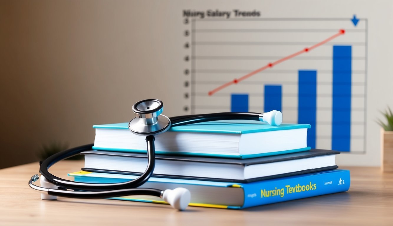 A stethoscope and a stack of nursing textbooks on a desk, with a chart showing rising salary trends in the background