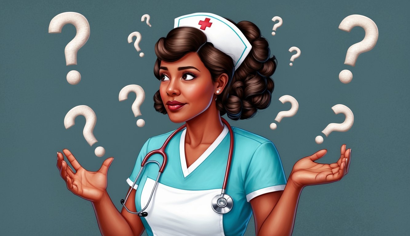 A nurse surrounded by question marks, with a thoughtful expression
