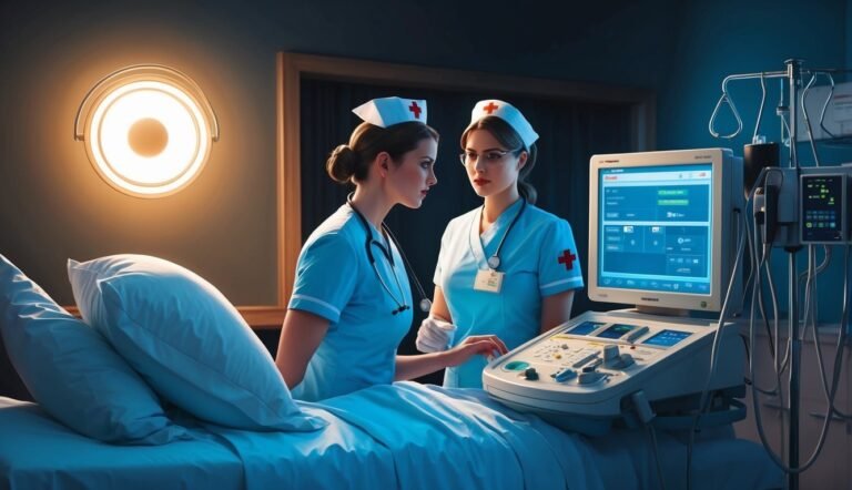 Two nurses in a hospital room looking at a medical monitor