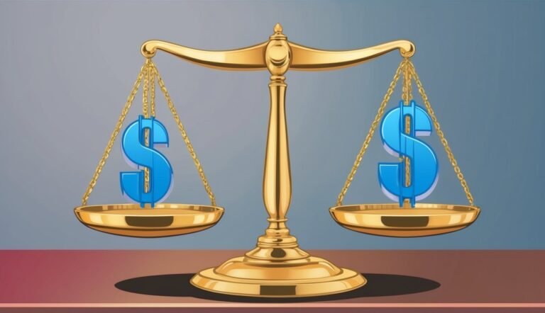 Golden scales balancing two blue dollar signs, representing financial equality