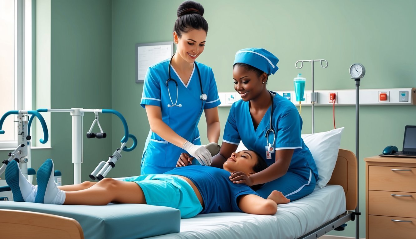 Two nurses tending to a patient lying in a hospital bed