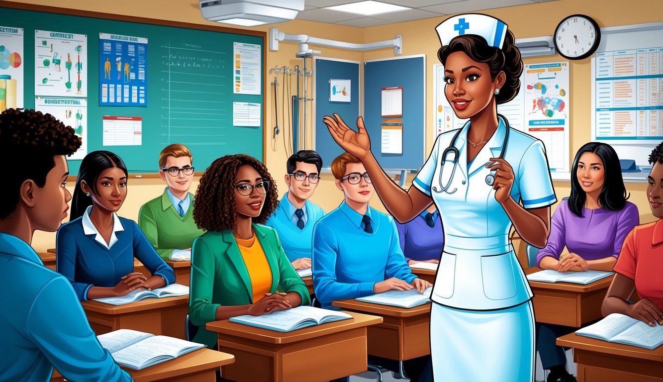 An orthopedic nurse instructs a group of students in a classroom filled with medical equipment and charts