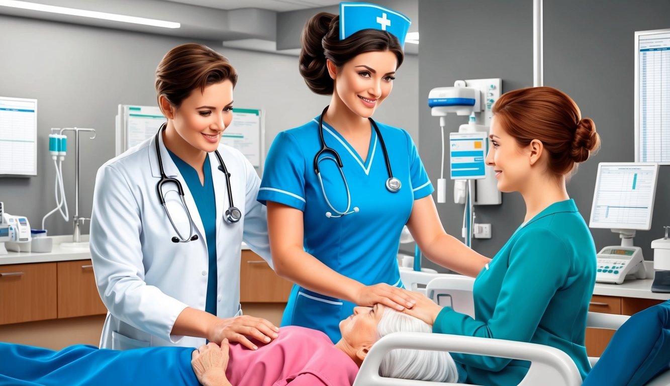 An orthopedic nurse assisting patients in a modern hospital setting, surrounded by medical equipment and charts