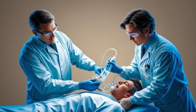 Two doctors administer oxygen to a patient lying down on a bed