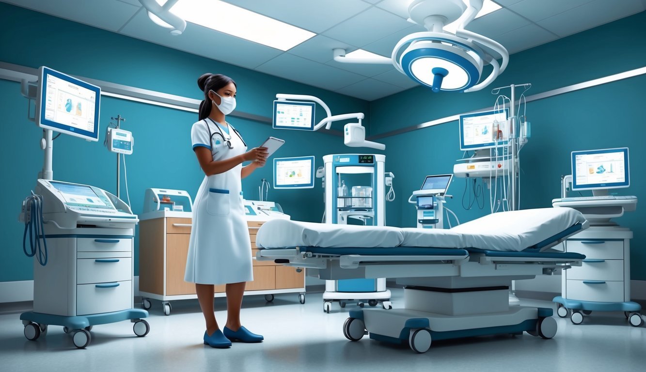 A nurse in a modern hospital setting, surrounded by advanced medical equipment and technology specific to orthopedic care