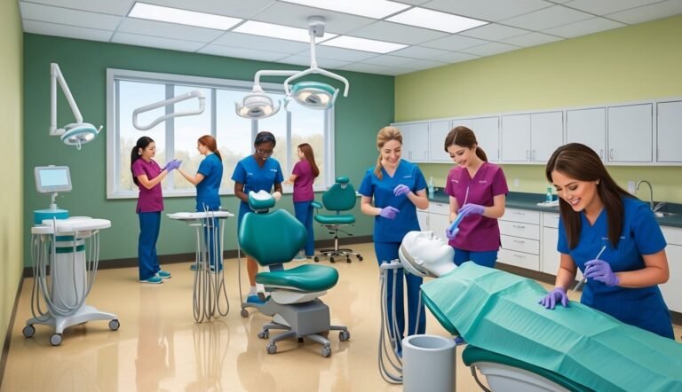 Dental assistants working in a modern, well-lit dental office