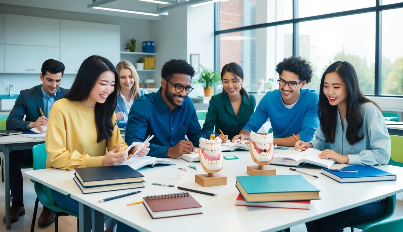 A group of students studying together in a bright, modern classroom with dental models and textbooks scattered across the tables