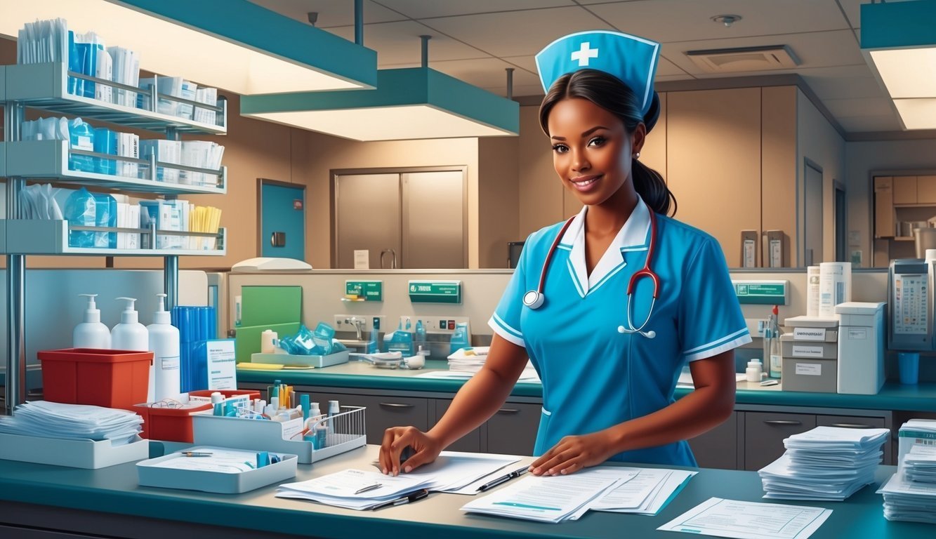 Smiling nurse in blue scrubs and cap at a hospital desk