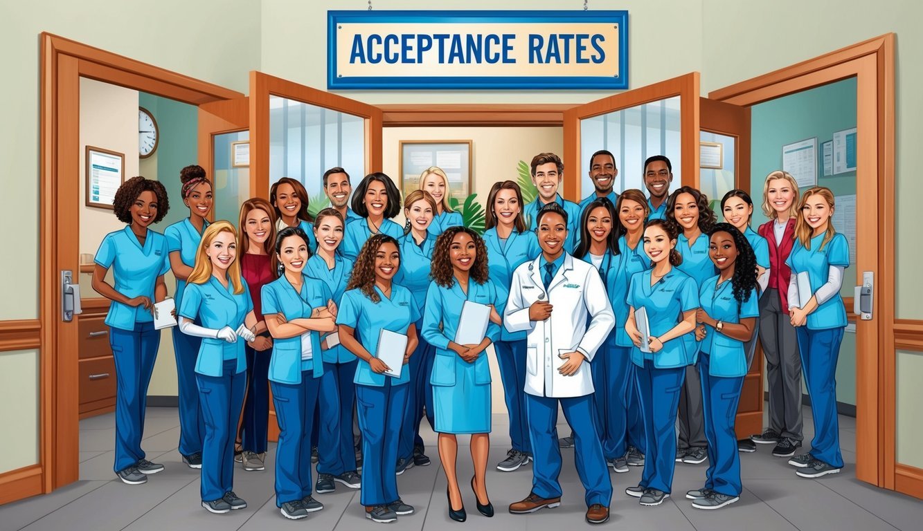 A group of smiling dental hygiene students gather around a welcoming admissions office with open doors and a sign displaying "Acceptance Rates" prominently