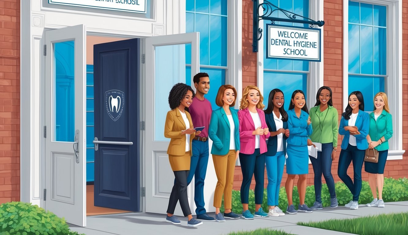 A dental hygiene school's open door with a welcoming sign and a line of smiling applicants waiting to enter