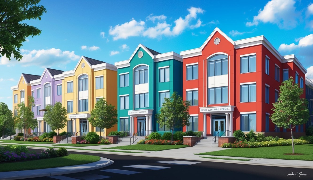 A row of colorful dental hygiene school buildings under a bright blue sky, with a welcoming entrance and lush green landscaping