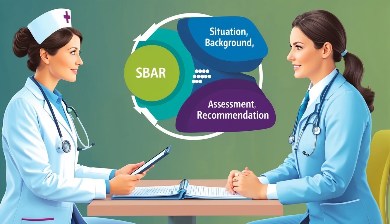 A nurse communicating with a doctor using the SBAR (Situation, Background, Assessment, Recommendation) technique, with a focus on patient care and safety