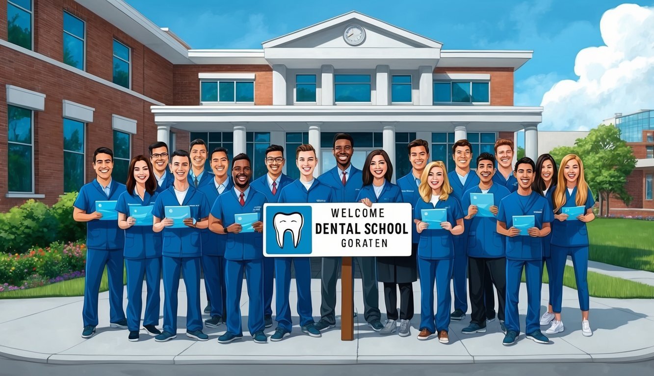 A group of smiling students standing outside a dental school building with a welcoming sign