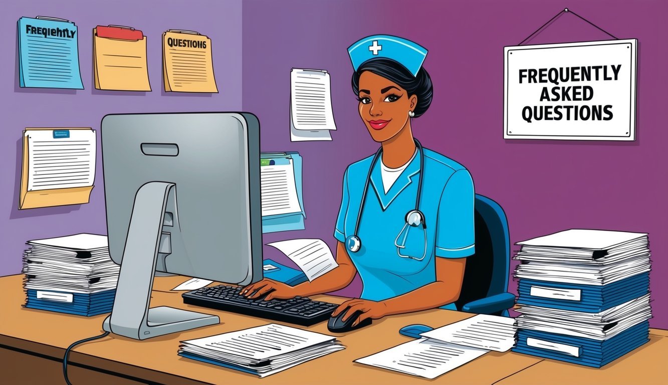 A nurse at a computer, surrounded by folders and papers, with a "Frequently Asked Questions" sign on the wall
