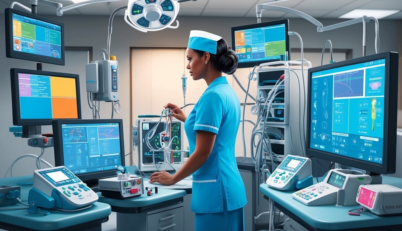 Nurse in blue scrubs in a modern operating room with monitors