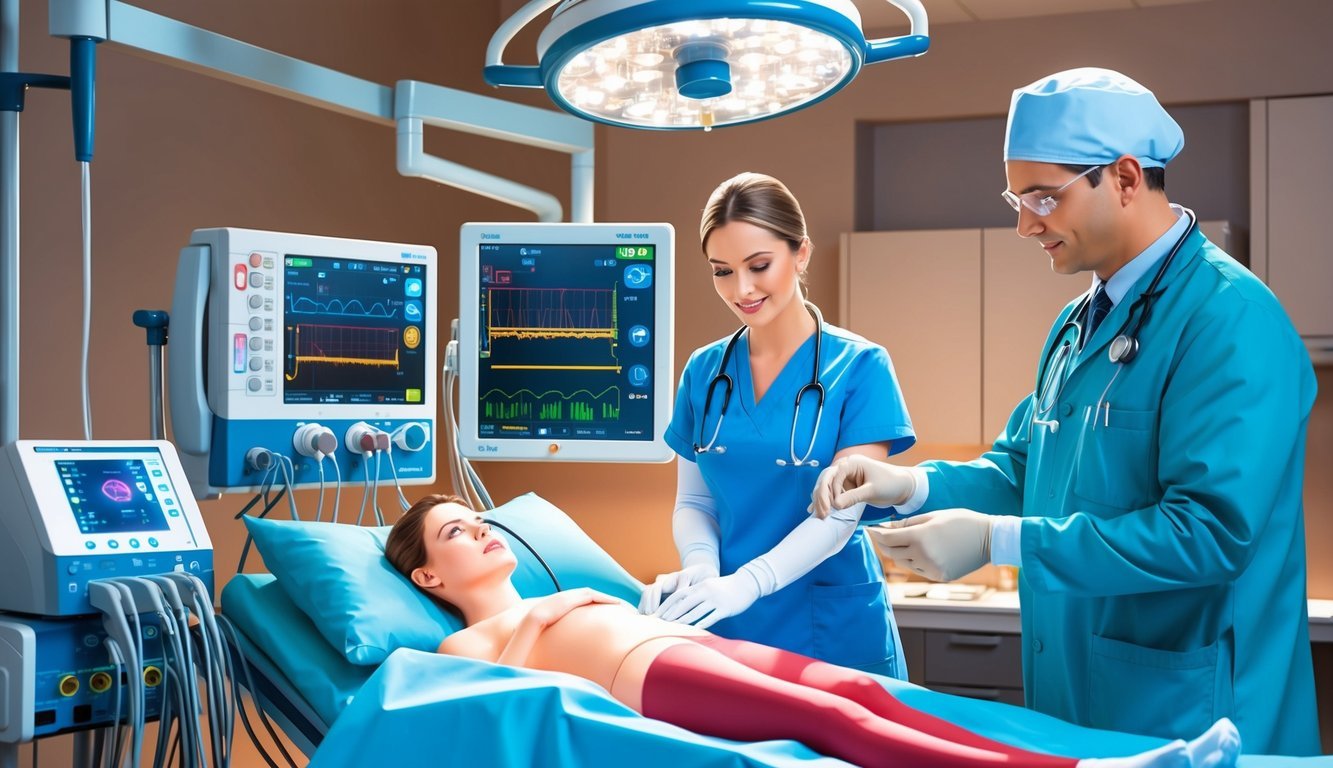 A cath lab nurse monitoring equipment and assisting a cardiologist during a procedure