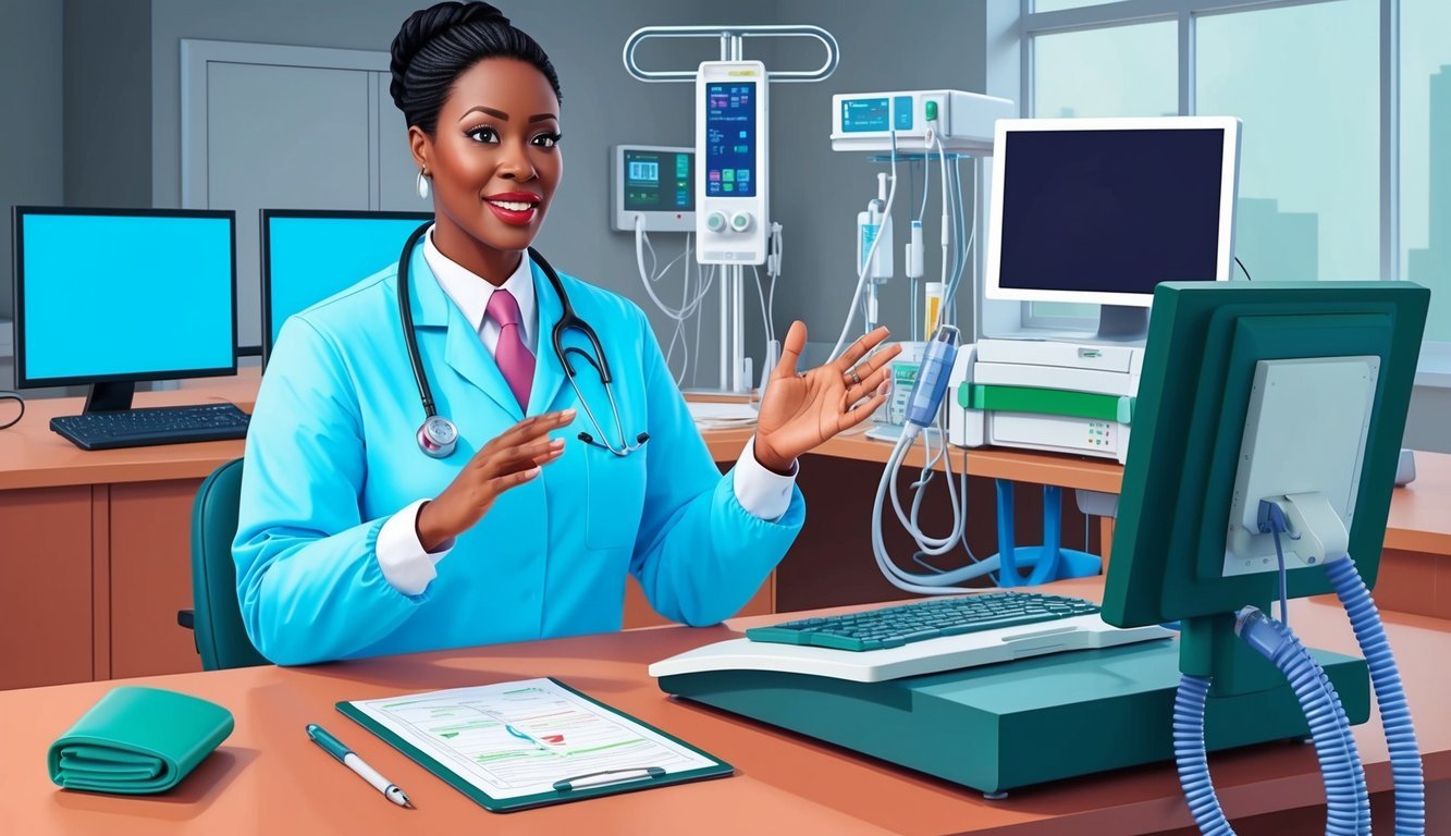 A cath lab nurse answering questions at a desk with medical equipment and computer screens in the background