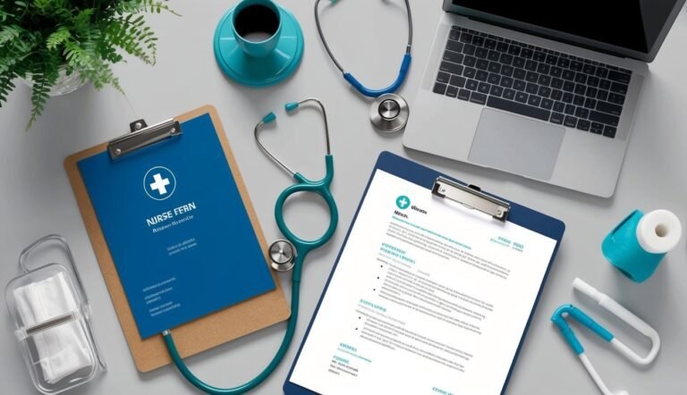 Medical workspace with clipboards, stethoscope, laptop, and other medical supplies